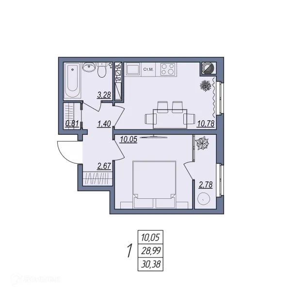 Планировка 1 комн. в ЖК Новый