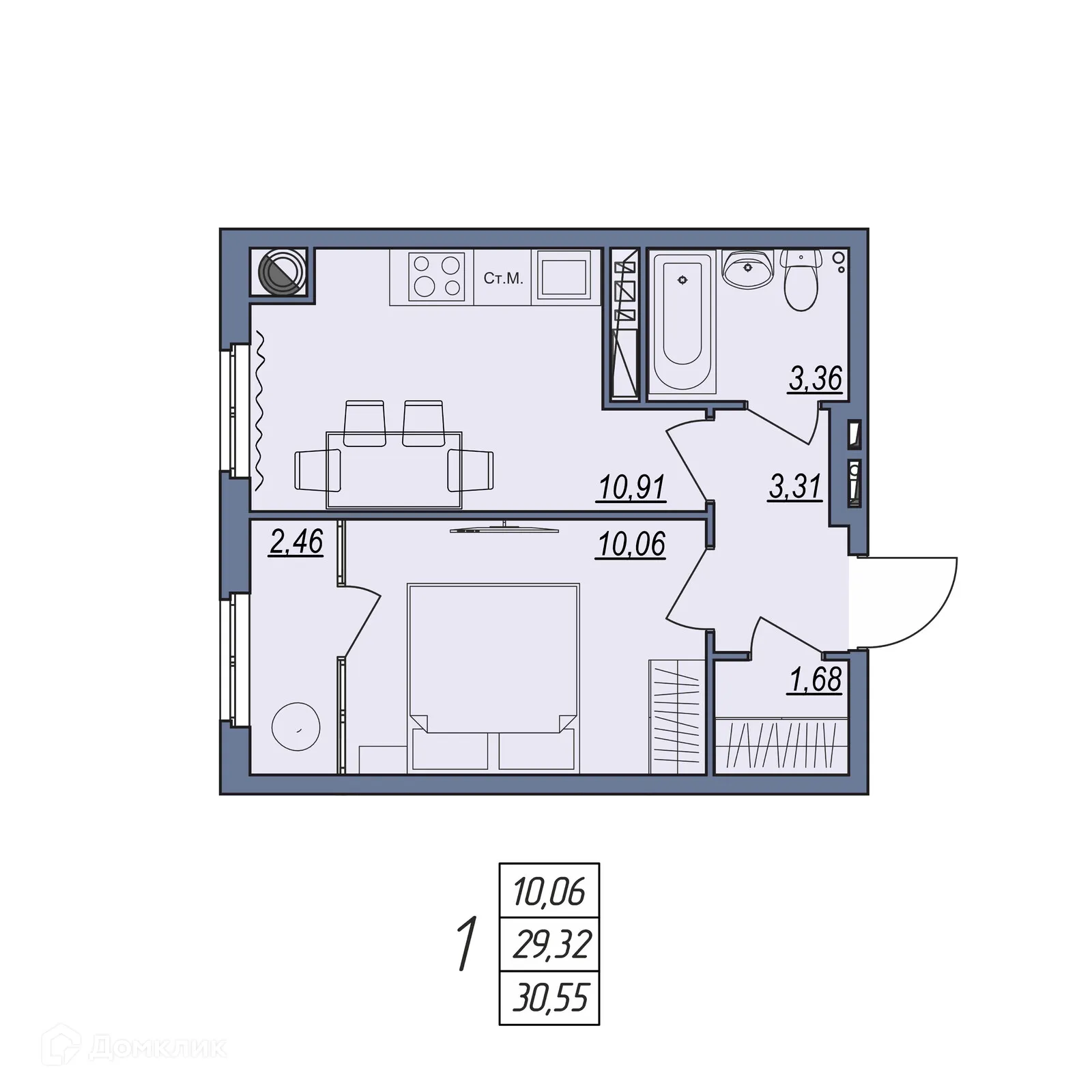 Планировка 1-комнатной квартиры 30.55 м² в ЖК Новый, г. Волгоград — фото 1