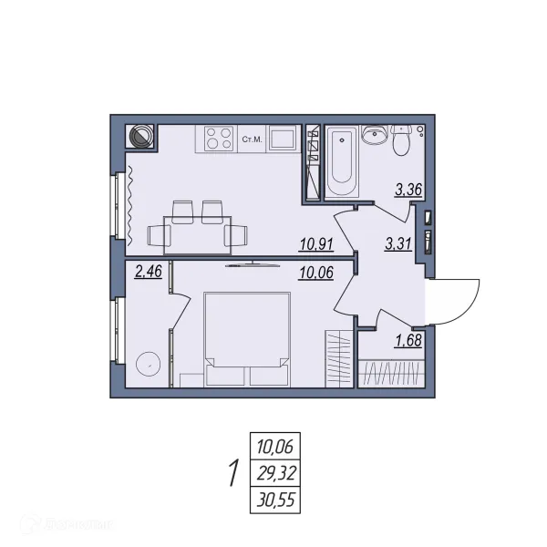 Планировка 1 комн. в ЖК Новый