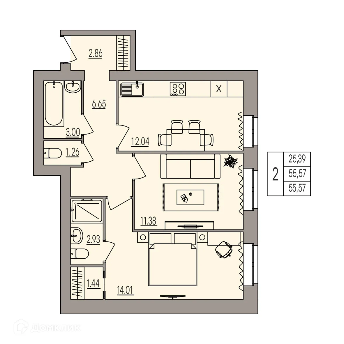 Планировка 2-комнатной квартиры 55.57 м² в ЖК Герои, г. Волгоград — фото 1