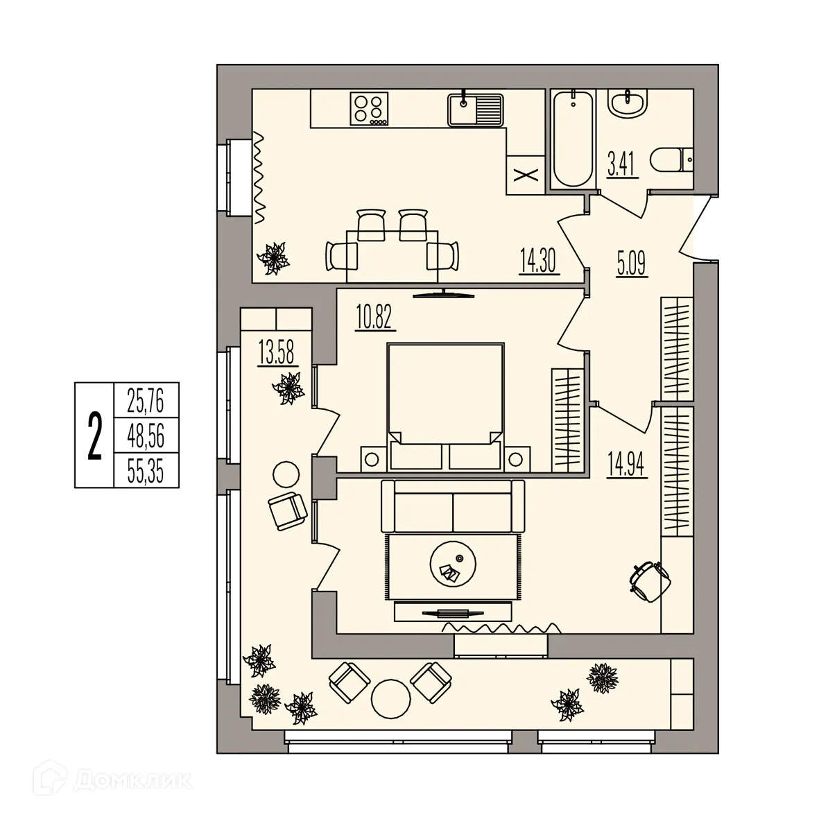 Планировка 2-комнатной квартиры 55.35 м² в ЖК Герои, г. Волгоград — фото 1