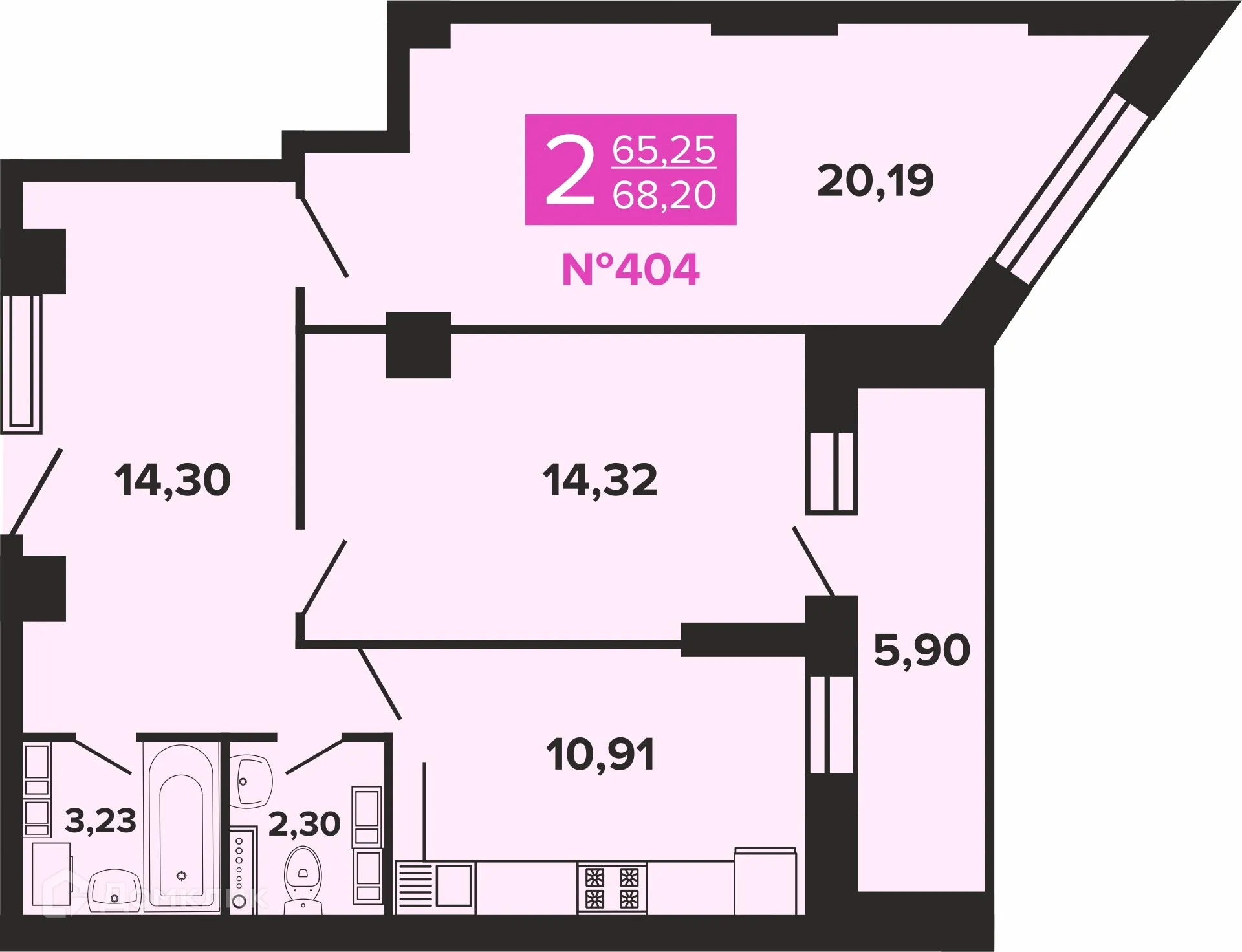 Планировка 2-комнатной квартиры 68.2 м² в ЖК Художники, г. Волгоград — фото 1