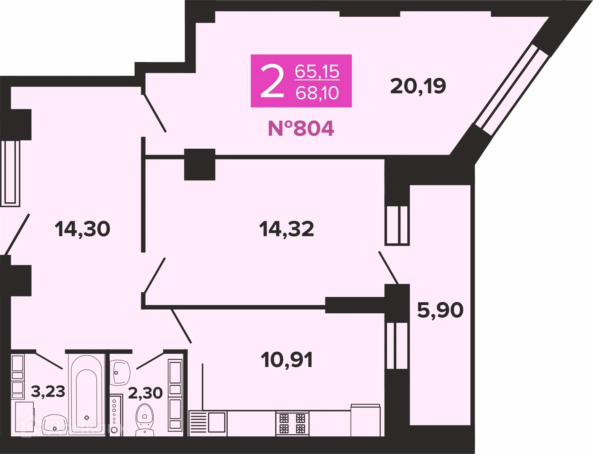 Планировка 2-комнатной квартиры 68.1 м² в ЖК Художники, г. Волгоград — фото 1