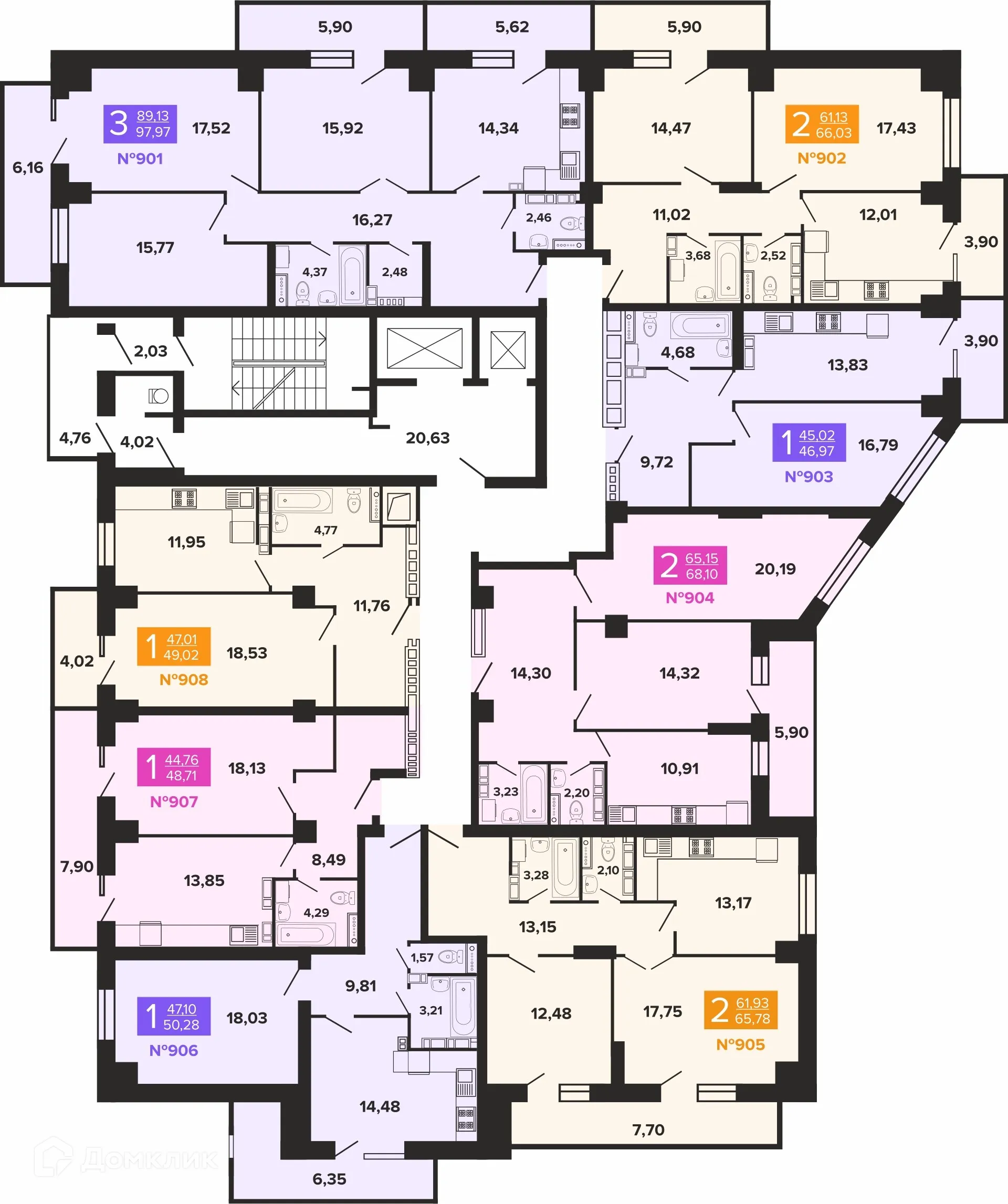 Планировка 3-комнатной квартиры 97.97 м² в ЖК Художники, г. Волгоград — фото 3