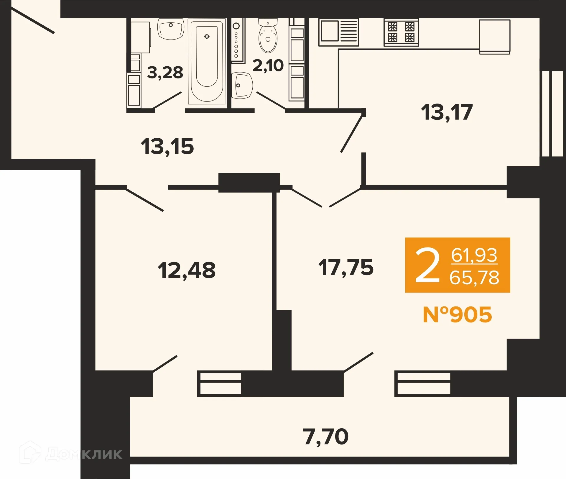 Планировка 2-комнатной квартиры 65.78 м² в ЖК Художники, г. Волгоград — фото 1