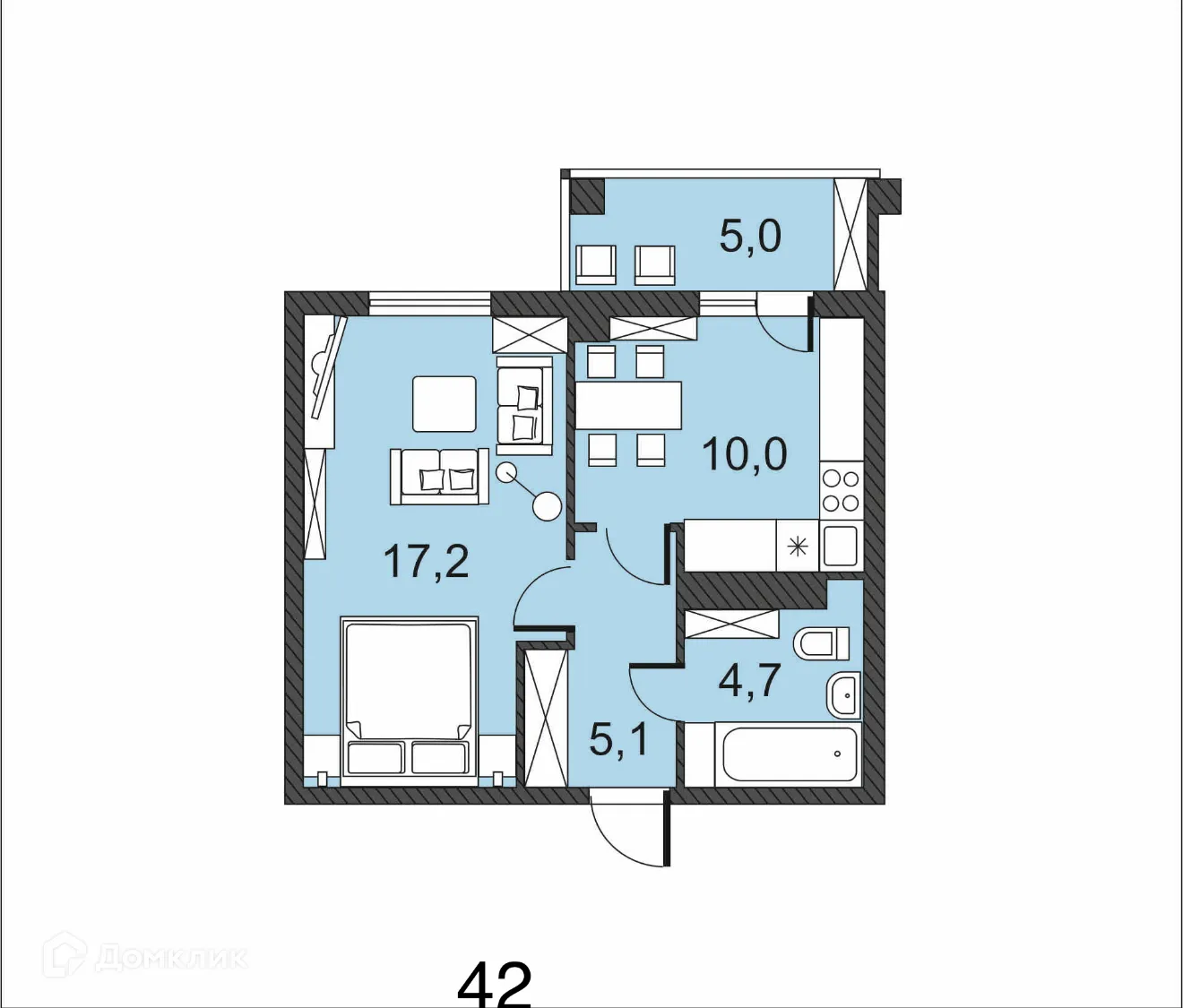 Планировка 1-комнатной квартиры 42 м² в ЖК по улице Гагринская, г. Волгоград — фото 1