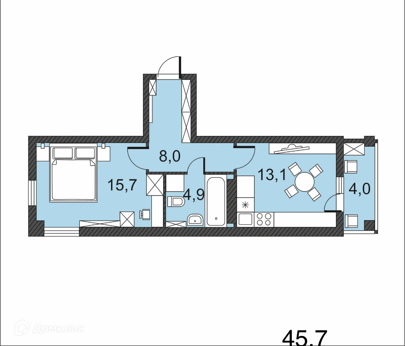 Планировка 1-комнатной квартиры 45.7 м² в ЖК по улице Гагринская, г. Волгоград — фото 1