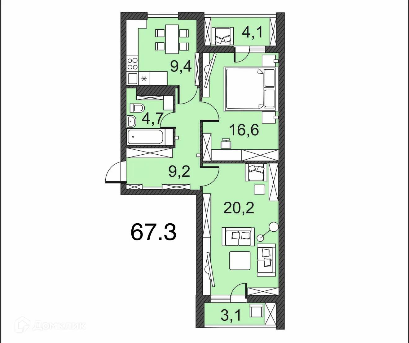 Планировка 2-комнатной квартиры 67.3 м² в ЖК по улице Гагринская, г. Волгоград — фото 1