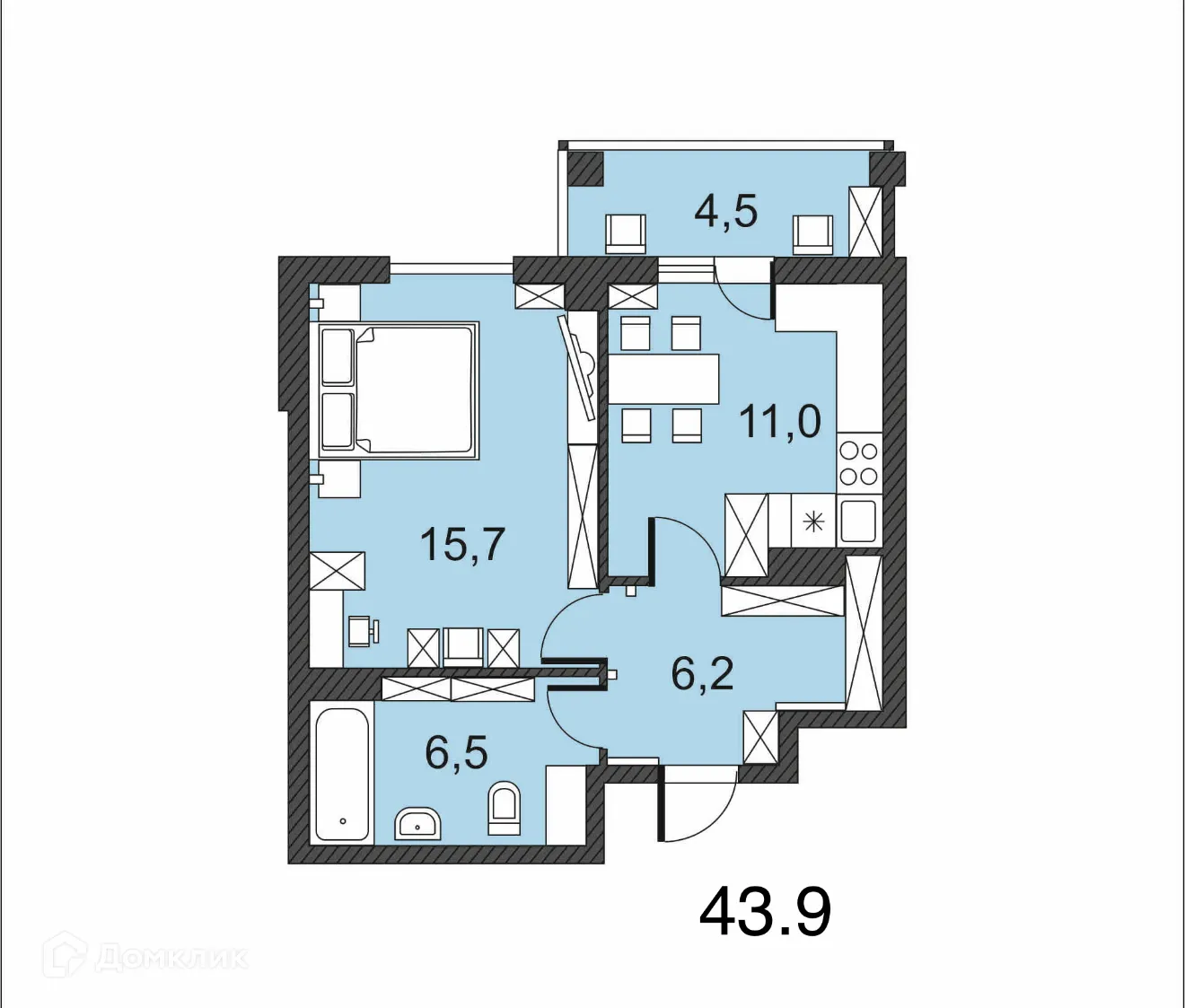 Планировка 1-комнатной квартиры 43.8 м² в ЖК по улице Гагринская, г. Волгоград — фото 1