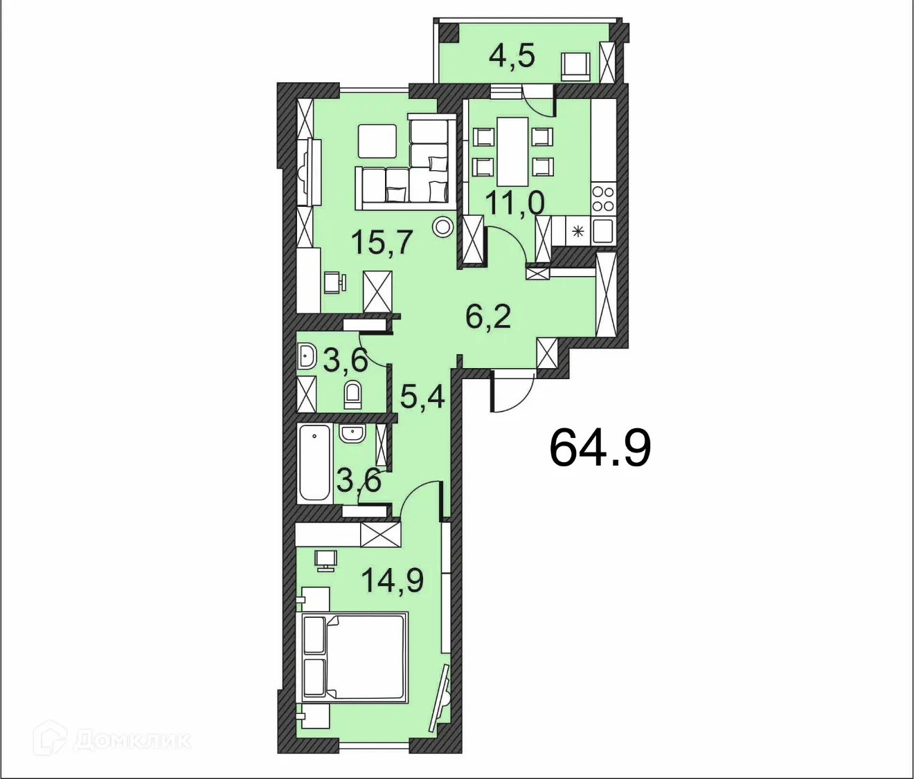 Планировка 2-комнатной квартиры 64.9 м² в ЖК по улице Гагринская, г. Волгоград — фото 1