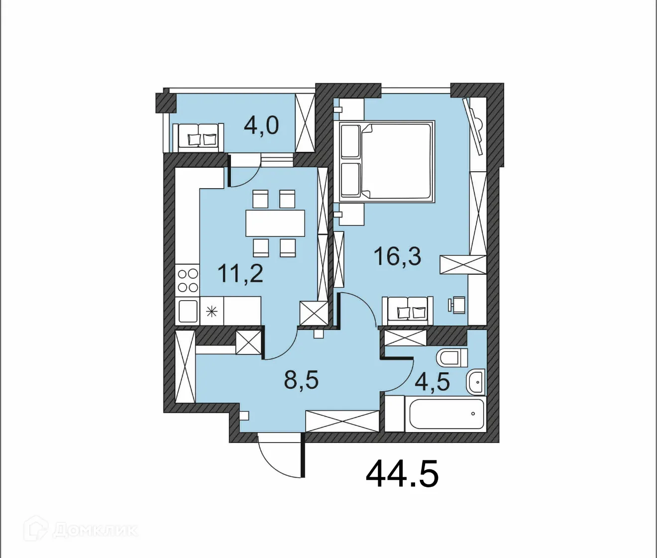 Планировка 1-комнатной квартиры 44.5 м² в ЖК по улице Гагринская, г. Волгоград — фото 1