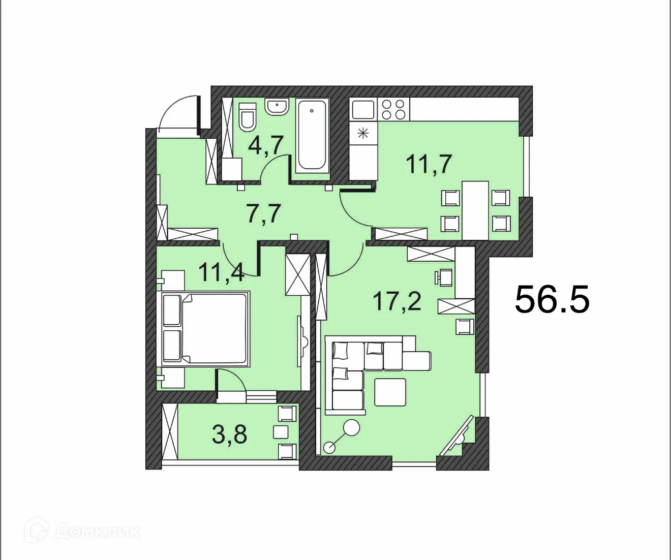 Планировка 2-комнатной квартиры 56.5 м² в ЖК по улице Гагринская, г. Волгоград — фото 1