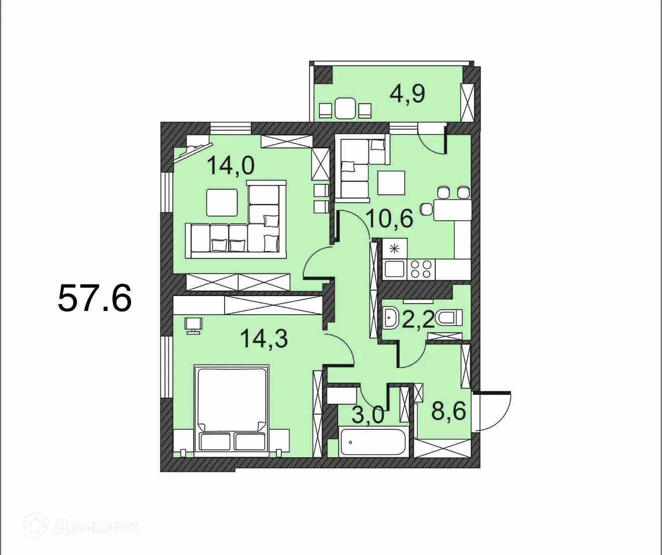 Планировка 2-комнатной квартиры 57.6 м² в ЖК по улице Гагринская, г. Волгоград — фото 1
