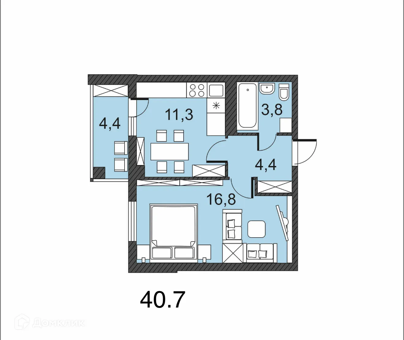 Планировка 1-комнатной квартиры 40.7 м² в ЖК по улице Гагринская, г. Волгоград — фото 1