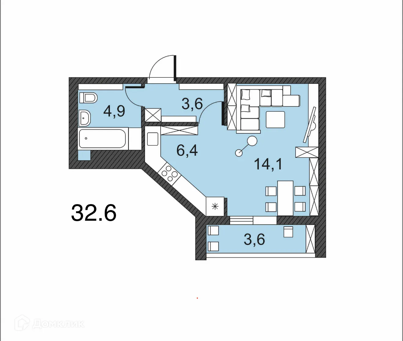 Планировка студии квартиры 32.6 м² в ЖК по улице Гагринская, г. Волгоград — фото 1