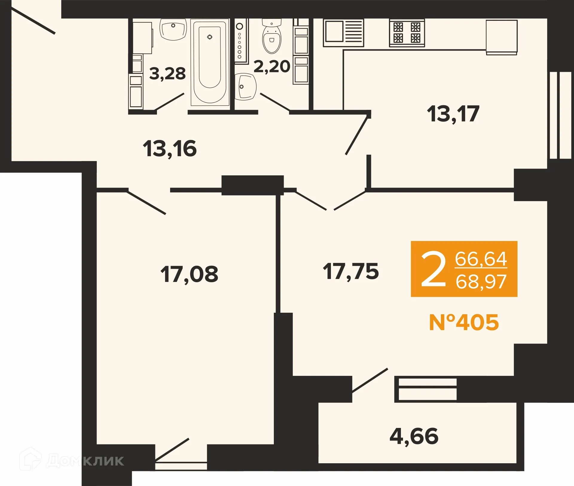 Планировка 2-комнатной квартиры 68.97 м² в ЖК Художники, г. Волгоград — фото 1
