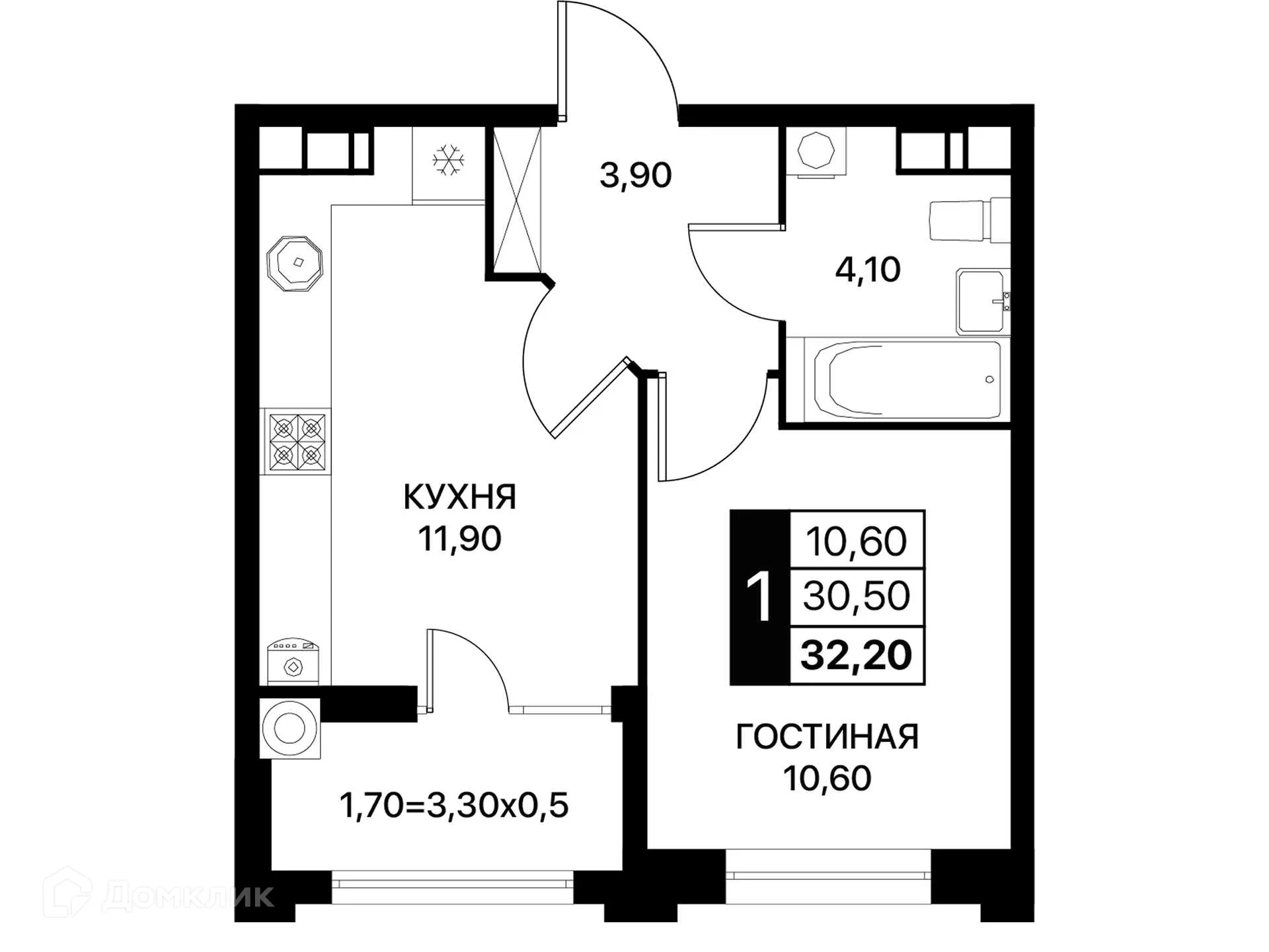 Планировка 1-комнатной квартиры 32.2 м² в ЖК Сияние Квартал на Шолохова, г. Ростов-на-Дону — фото 3