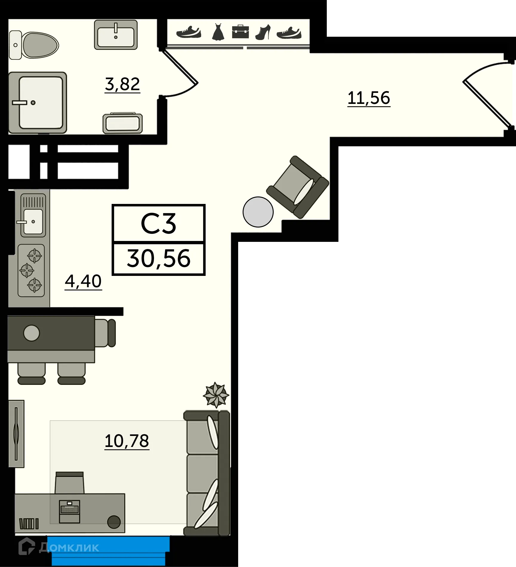 Планировка студии квартиры 30.56 м² в ЖК "Легенда Ростова", г. Ростов-на-Дону — фото 1