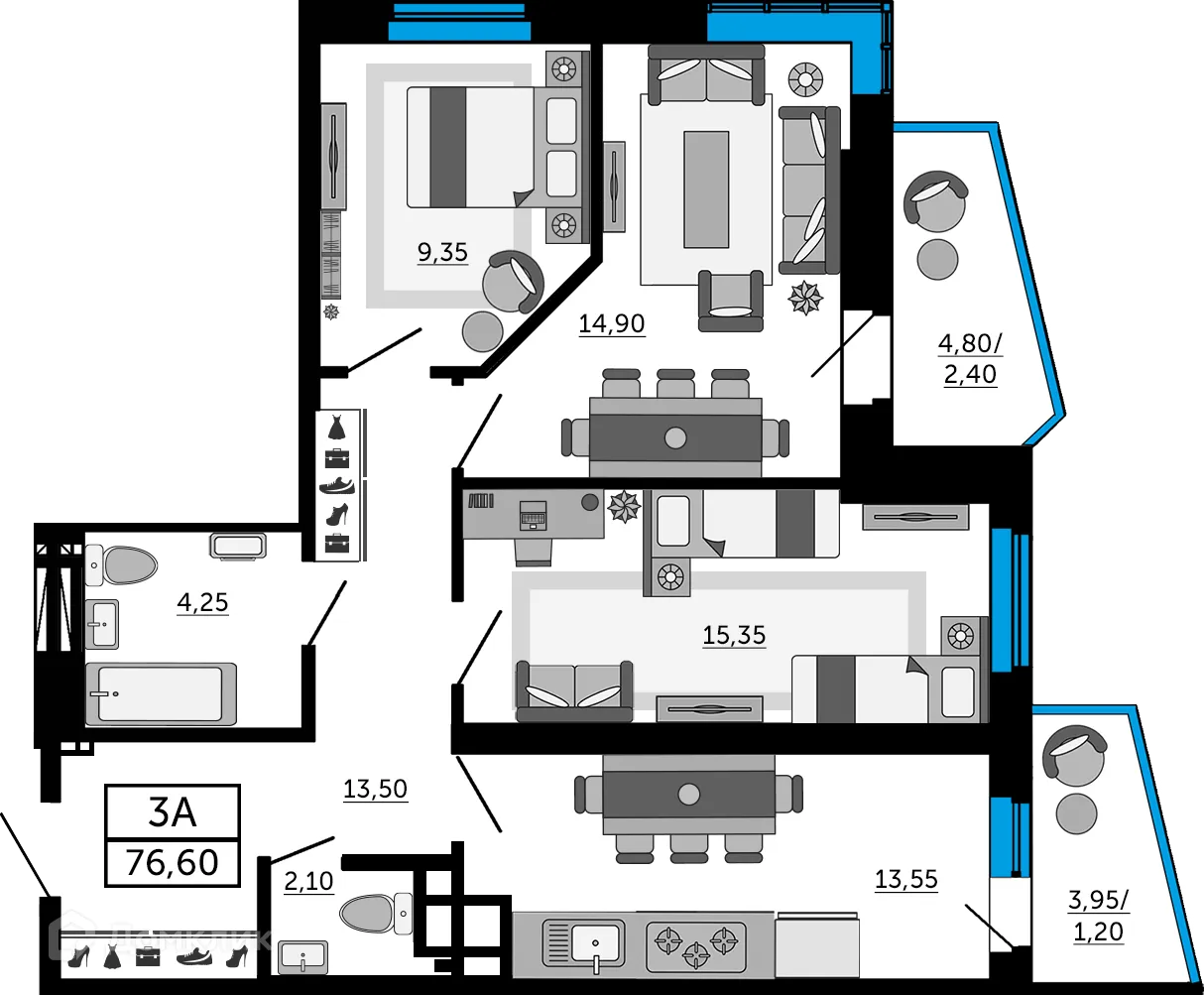 Планировка 3-комнатной квартиры 76.6 м² в ЖК Донской Арбат 2, г. Ростов-на-Дону — фото 1