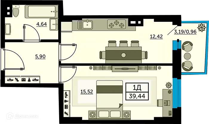 Планировка 1-комнатной квартиры 39.2 м² в ЖК Сердце Ростова 2, г. Ростов-на-Дону — фото 1