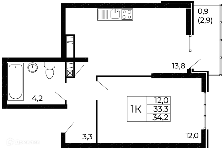 Планировка 1-комнатной квартиры 34.2 м² в ЖК "Западные Аллеи", г. Ростов-на-Дону — фото 1