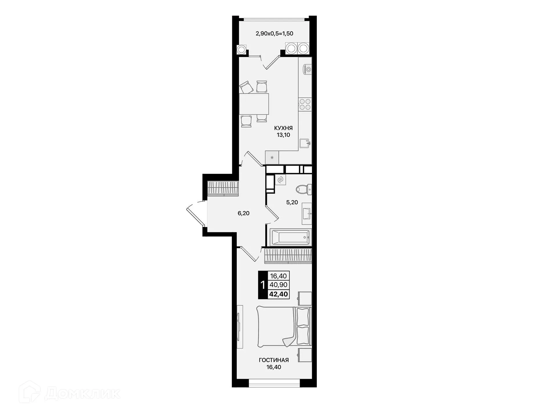 Планировка 1-комнатной квартиры 42.4 м² в ЖК Движение61, г. Ростов-на-Дону — фото 2