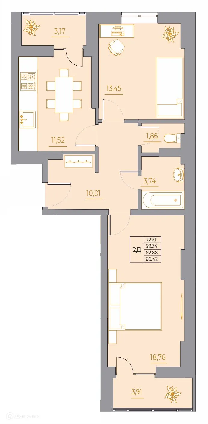 Планировка 2-комнатной квартиры 66.42 м² в ЖК Новый Горизонт, г. Ростов-на-Дону — фото 1