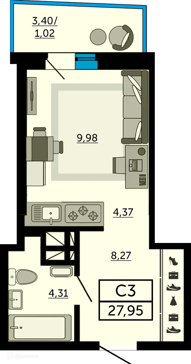 Планировка студии квартиры 27.9 м² в ЖК "Донской Арбат", г. Ростов-на-Дону — фото 1