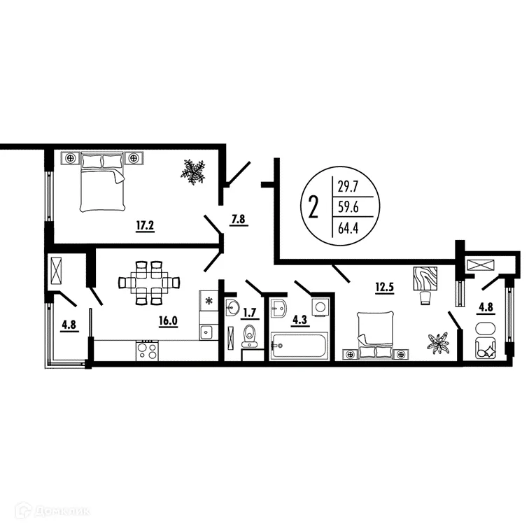 Планировка 2-комнатной квартиры 64.4 м² в ЖК СОСТОЯНИЕ, г. Ростов-на-Дону — фото 2