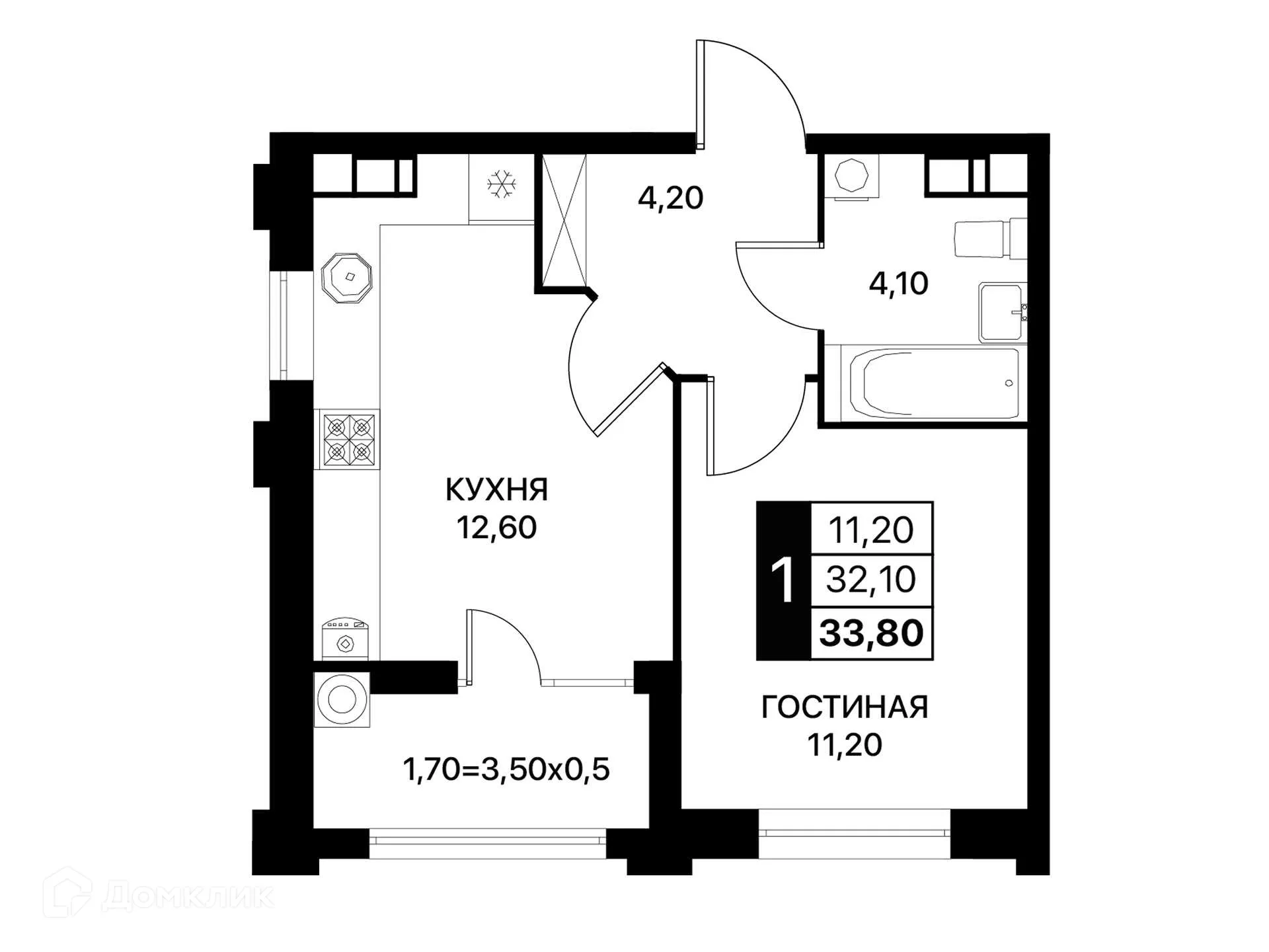 Планировка 1-комнатной квартиры 33.8 м² в ЖК Сияние Квартал на Шолохова, г. Ростов-на-Дону — фото 2