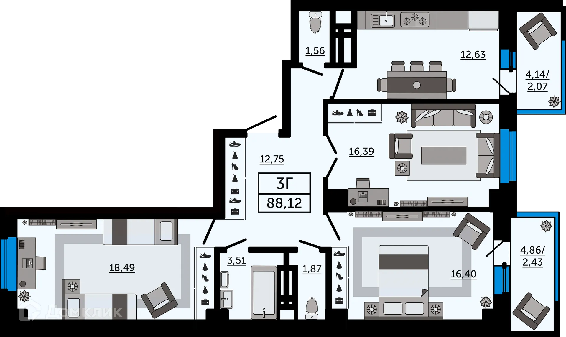 Планировка 3-комнатной квартиры 88.1 м² в ЖК "FOUR PREMIERS" (Фо Премьерс), г. Ростов-на-Дону — фото 1