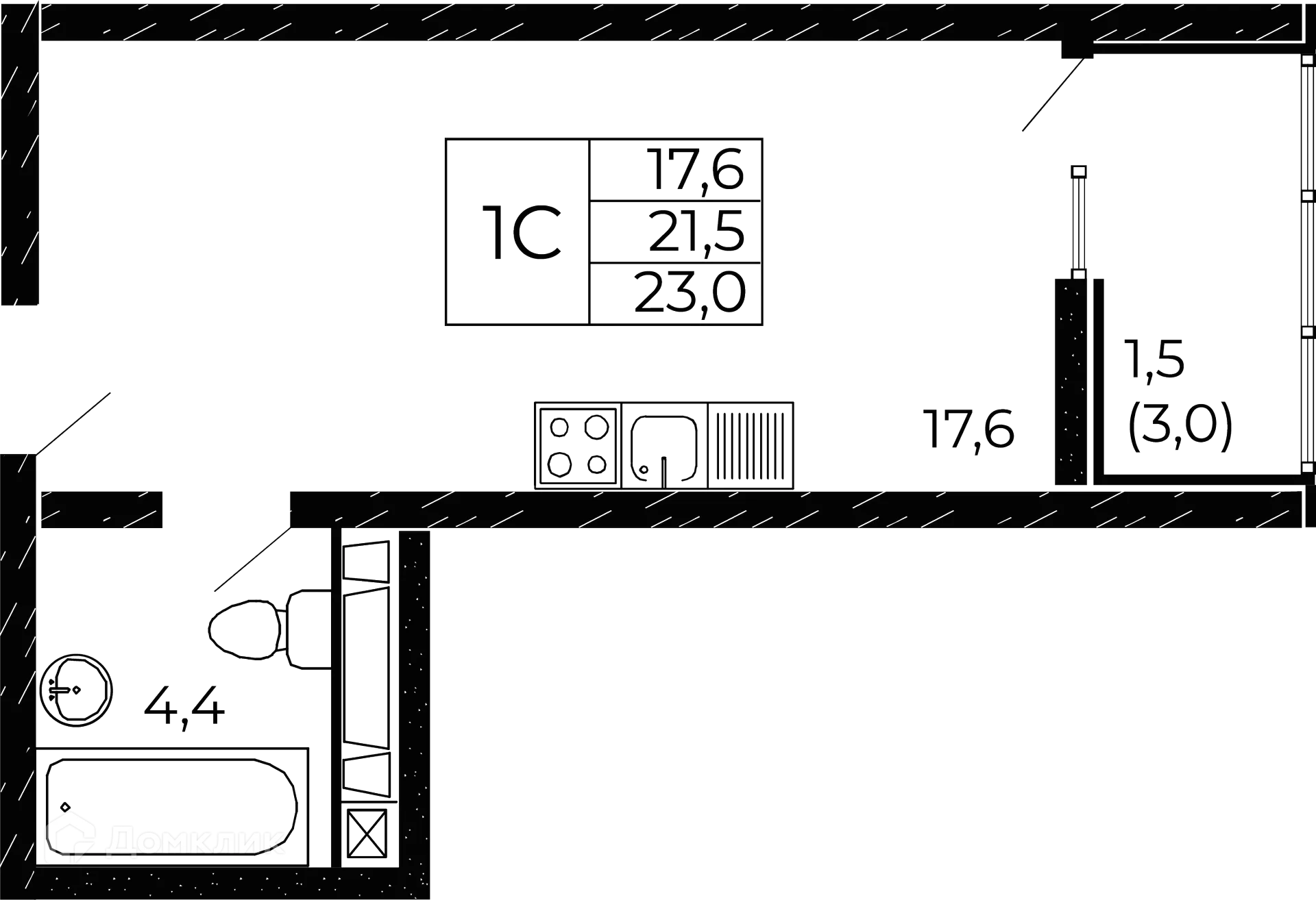 Планировка студии квартиры 23 м² в ЖК "Западные Аллеи", г. Ростов-на-Дону — фото 1