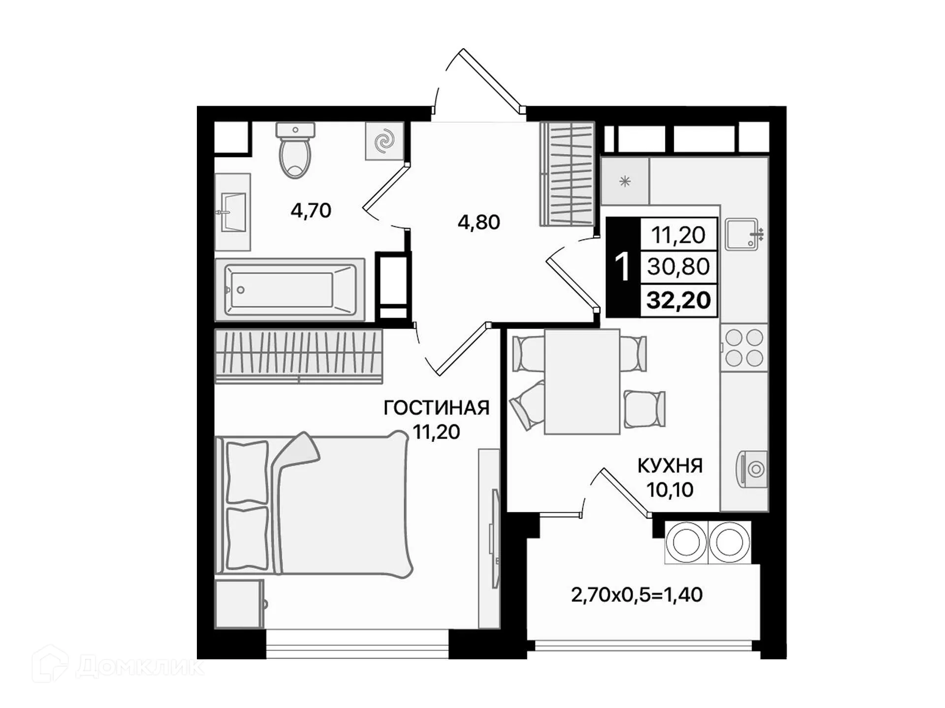 Планировка 1-комнатной квартиры 32.2 м² в ЖК Движение61, г. Ростов-на-Дону — фото 2