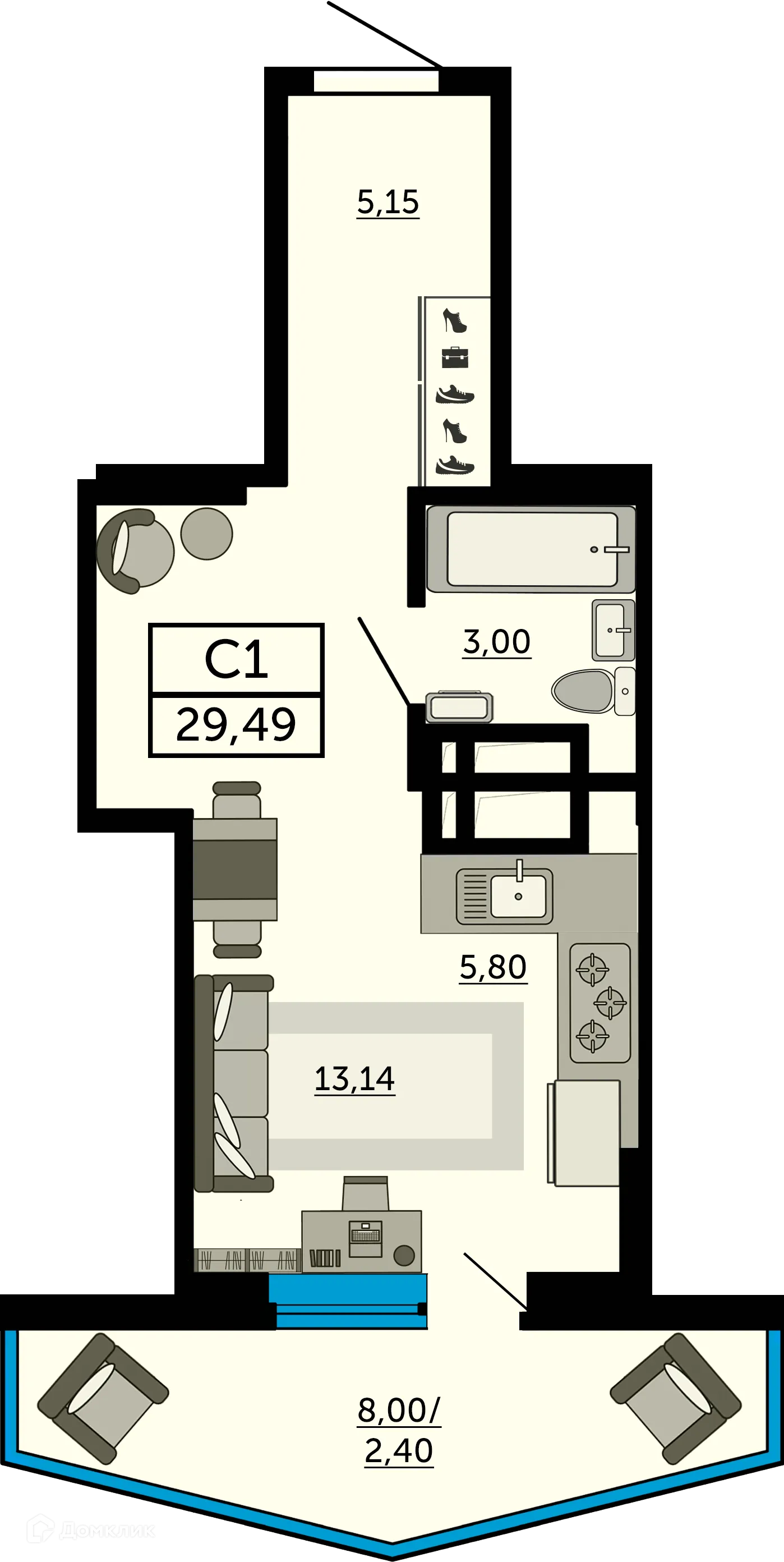 Планировка студии квартиры 29.6 м² в ЖК "Донской Арбат", г. Ростов-на-Дону — фото 1