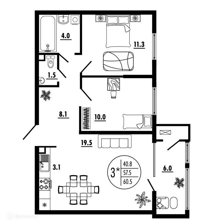 Планировка 3-комнатной квартиры 60.5 м² в ЖК СОСТОЯНИЕ, г. Ростов-на-Дону — фото 2