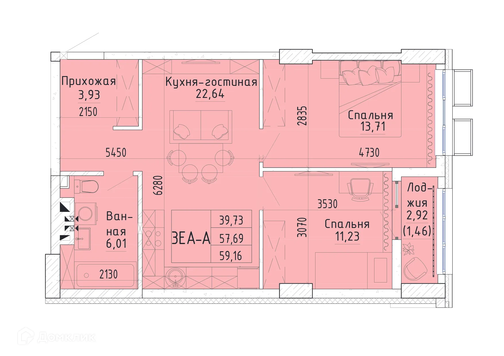 Планировка 2-комнатной квартиры 58.99 м² в ЖК Орион, г. Ростов-на-Дону — фото 2