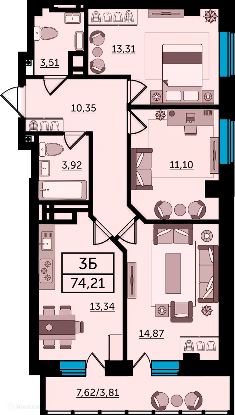 Планировка 3-комнатной квартиры 76 м² в ЖК Кристалл-2, г. Ростов-на-Дону — фото 3