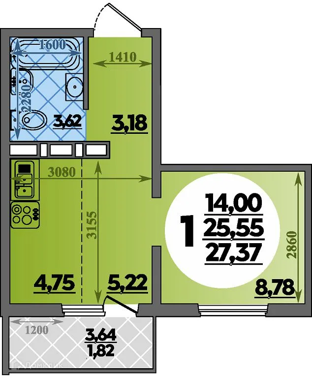 Планировка студии квартиры 27.37 м² в ЖК Суворовский, г. Ростов-на-Дону — фото 1