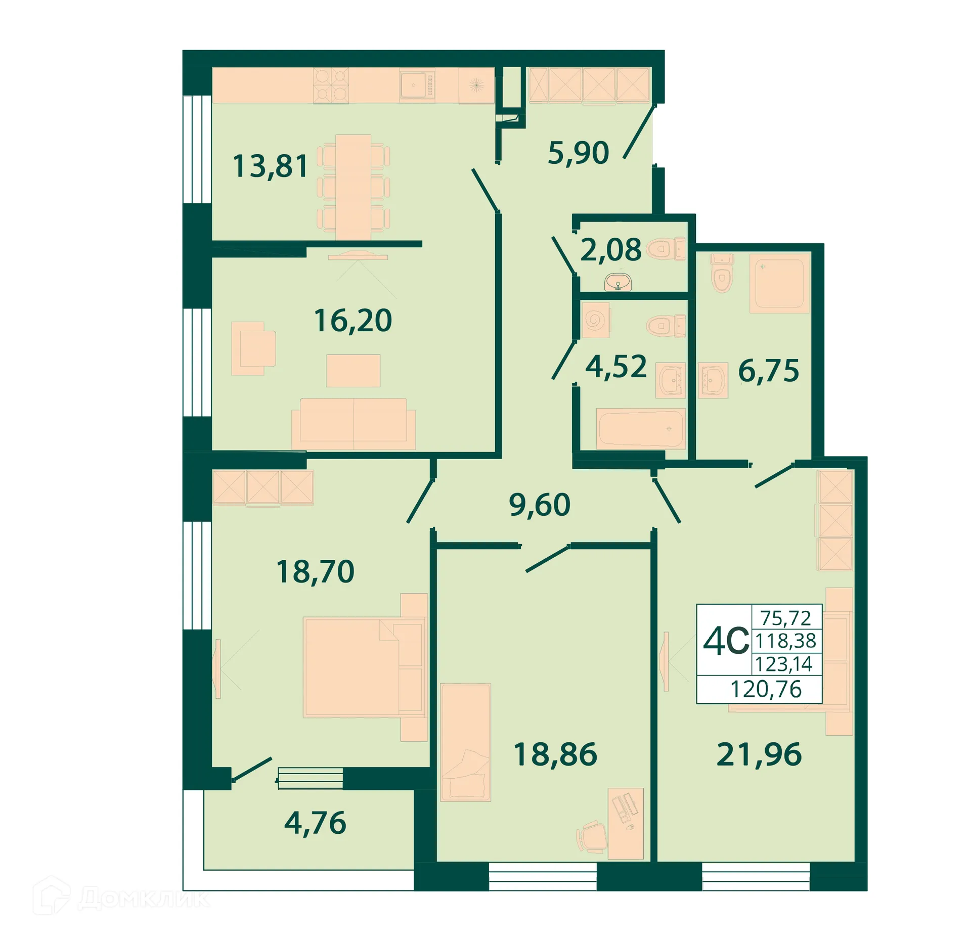 Планировка 4-комнатной квартиры 120.76 м² в ЖК "Северный бульвар", г. Ростов-на-Дону — фото 1