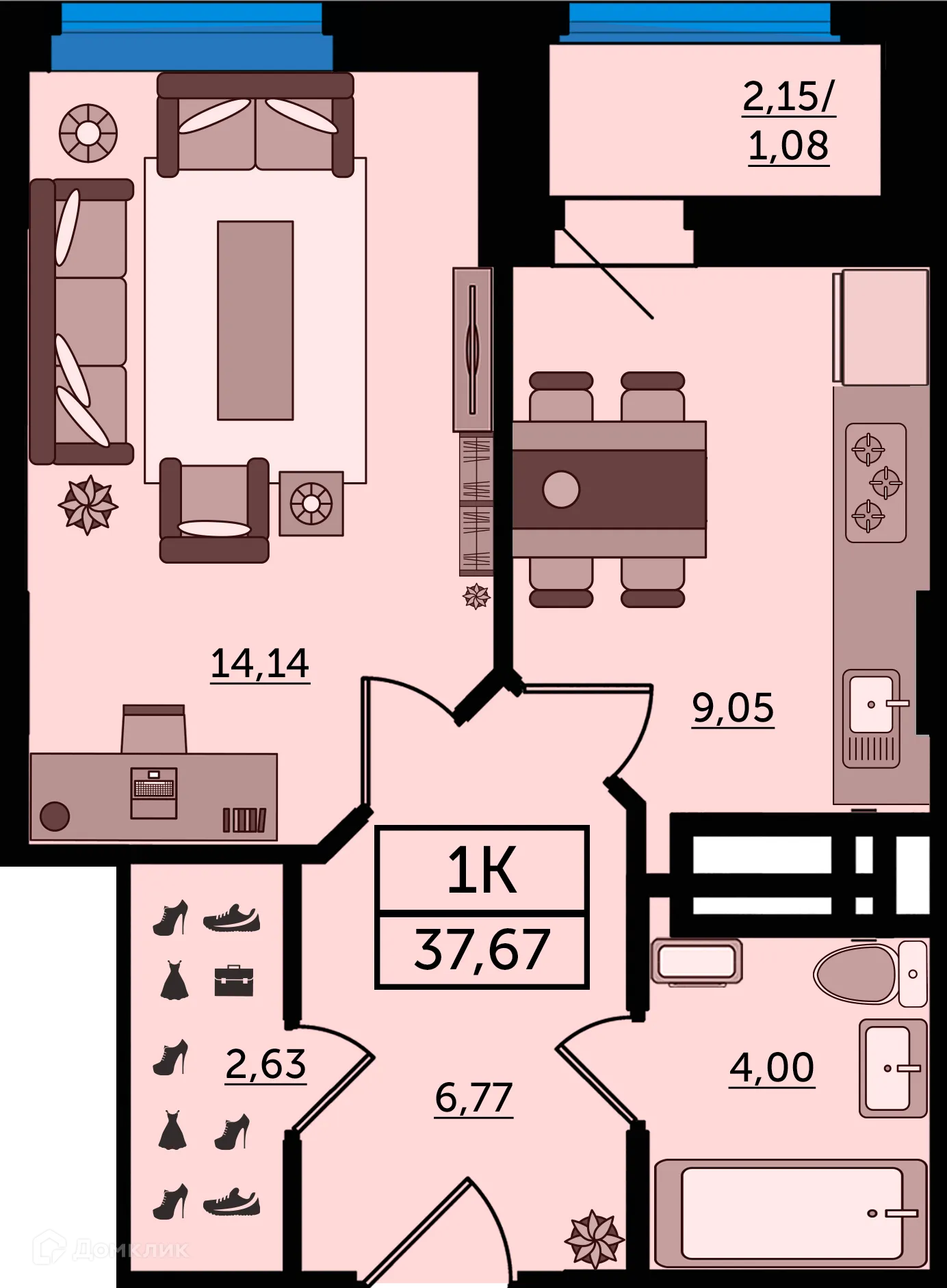 Планировка 1-комнатной квартиры 37.67 м² в ЖК "Легенда Ростова", г. Ростов-на-Дону — фото 1