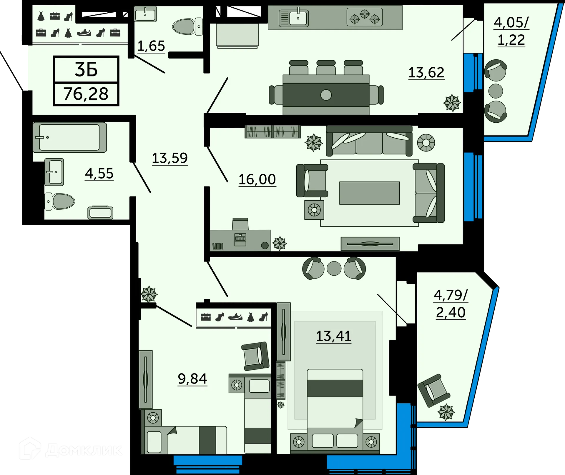 Планировка 3-комнатной квартиры 76.4 м² в ЖК Город у Реки, г. Ростов-на-Дону — фото 2
