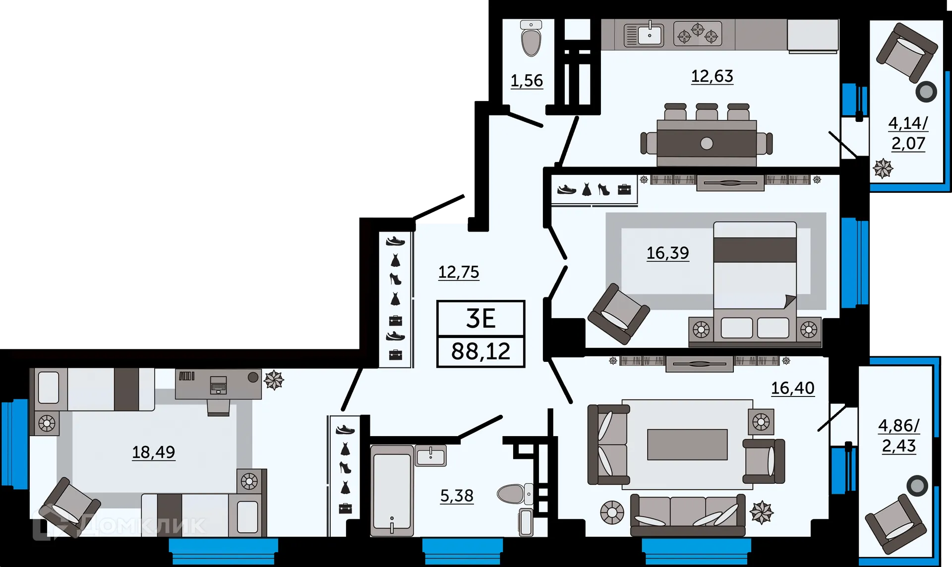 Планировка 3-комнатной квартиры 88.14 м² в ЖК "FOUR PREMIERS" (Фо Премьерс), г. Ростов-на-Дону — фото 1