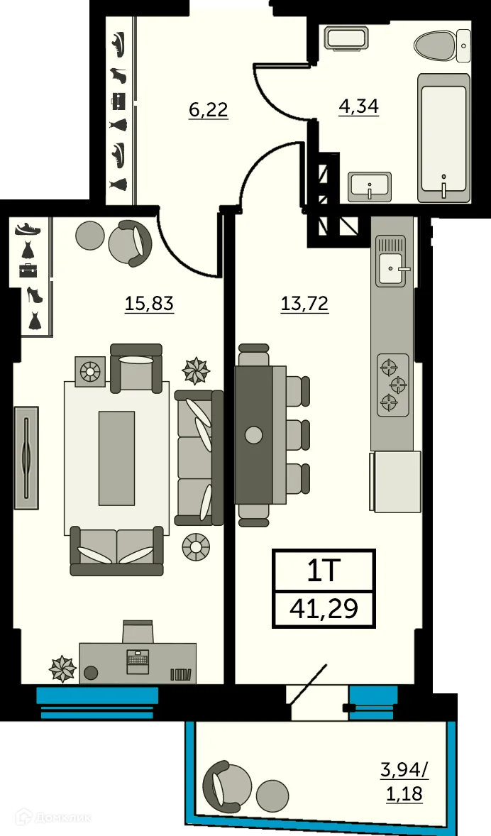 Планировка 1-комнатной квартиры 41 м² в ЖК Сердце Ростова 2, г. Ростов-на-Дону — фото 2