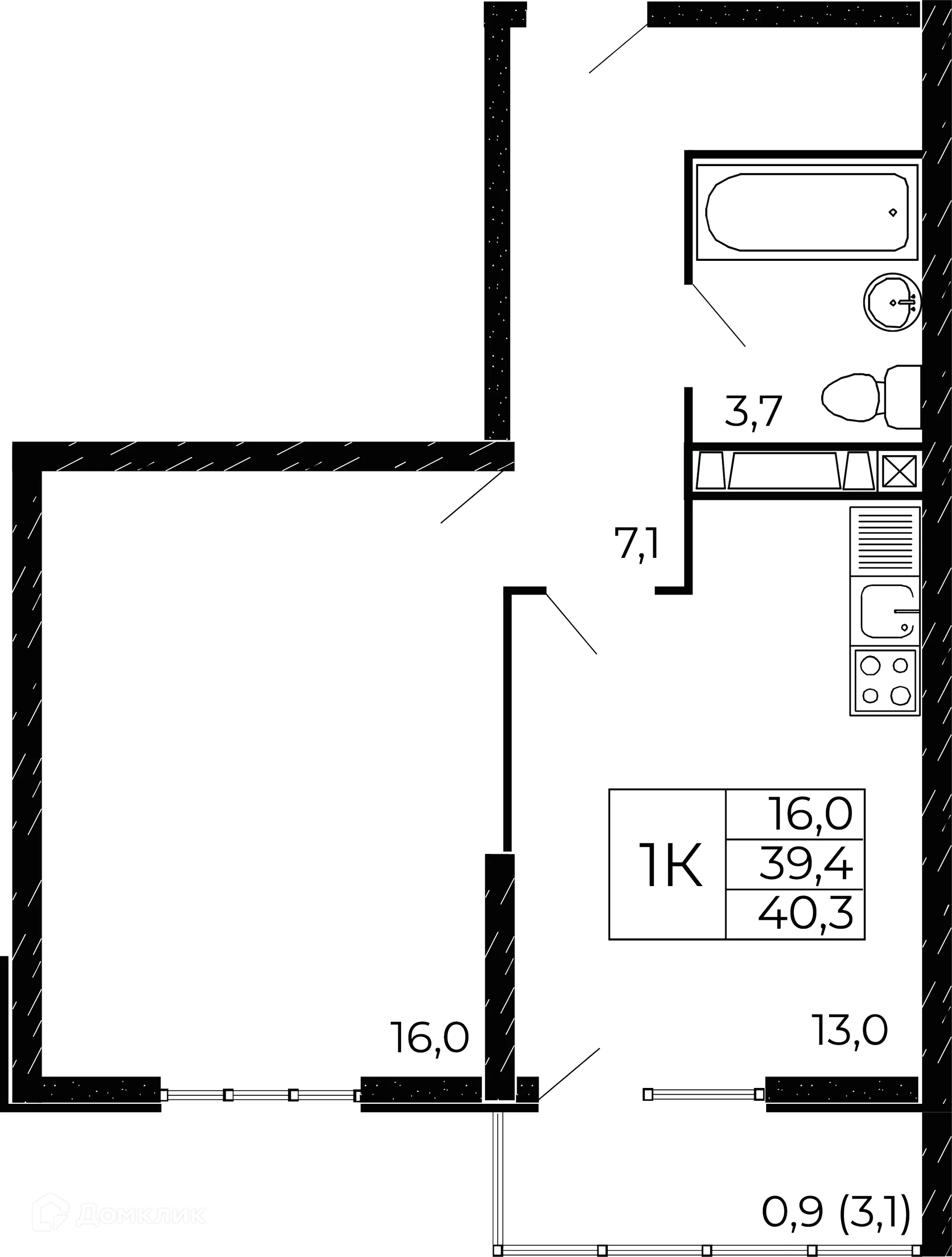 Планировка 1-комнатной квартиры 40.3 м² в ЖК "Западные Аллеи", г. Ростов-на-Дону — фото 1