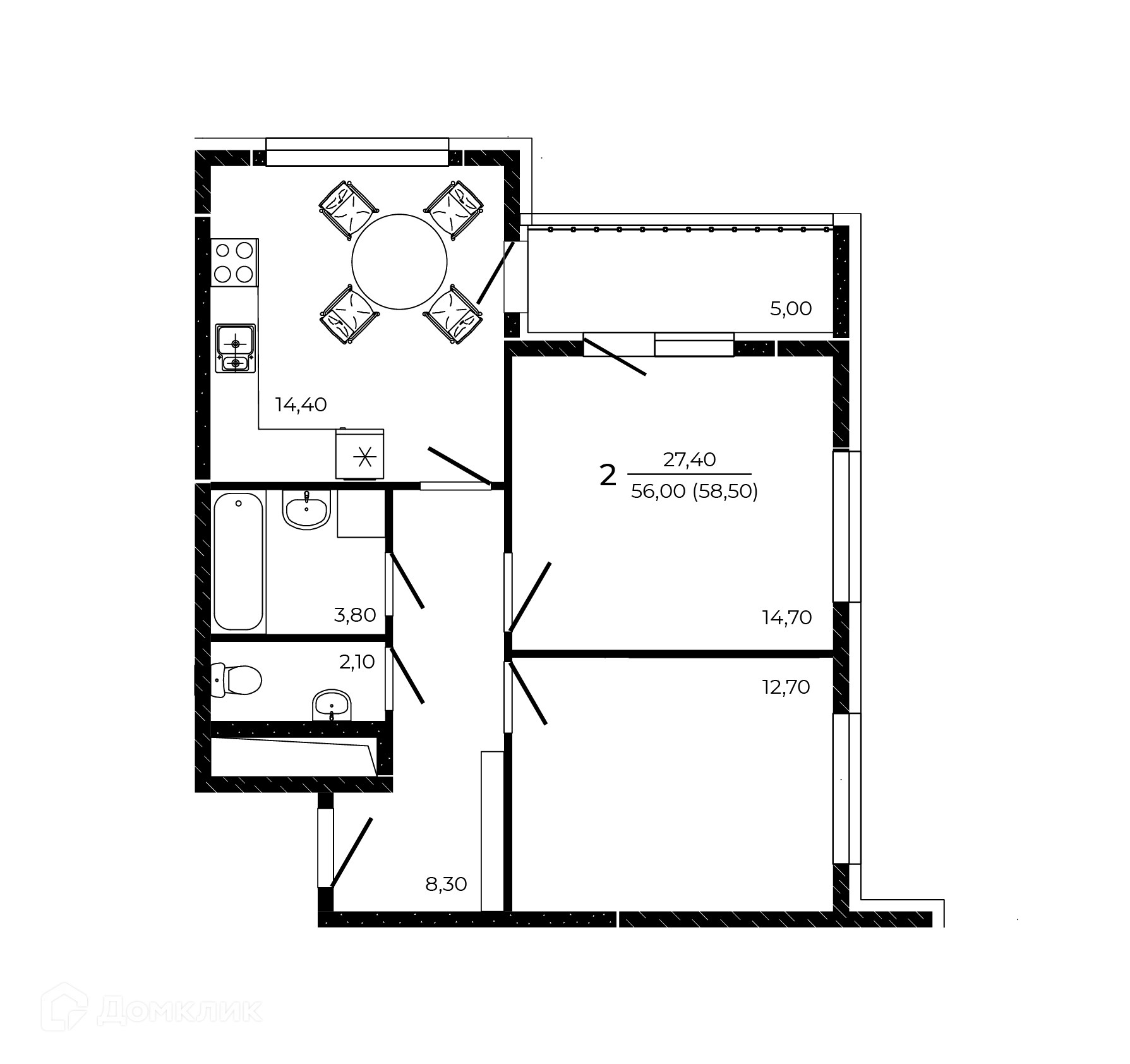 Планировка 2-комнатной квартиры 58.5 м² в ЖК ПРИТЯЖЕНИЕ, г. Ростов-на-Дону — фото 1