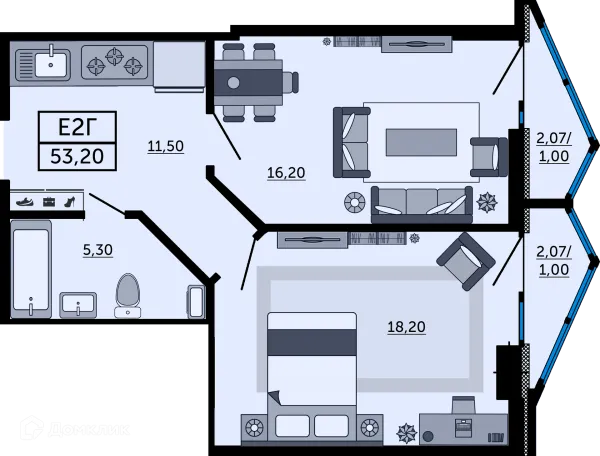 Планировка 2 комн. в ЖК"Акватория"