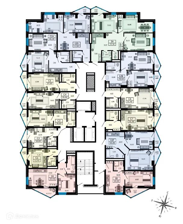 Планировка 2-комнатной квартиры 53.1 м² в ЖК"Акватория", г. Ростов-на-Дону — фото 2