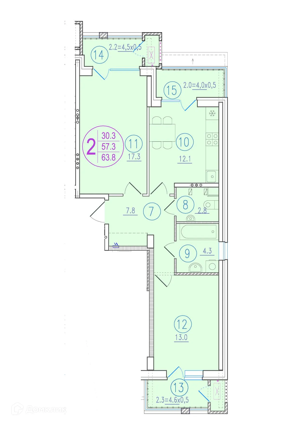Планировка 2-комнатной квартиры 63.8 м² в ЖК СОСТОЯНИЕ, г. Ростов-на-Дону — фото 2