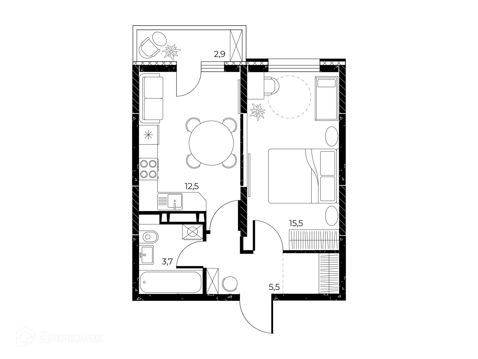 Планировка 1-комнатной квартиры 38.1 м² в ЖК Панорама на Театральном, г. Ростов-на-Дону — фото 2