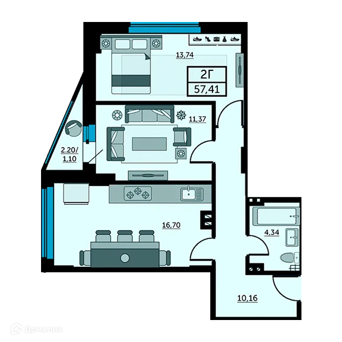 Планировка 2-комнатной квартиры 57.7 м² в ЖК Рубин, г. Ростов-на-Дону — фото 3
